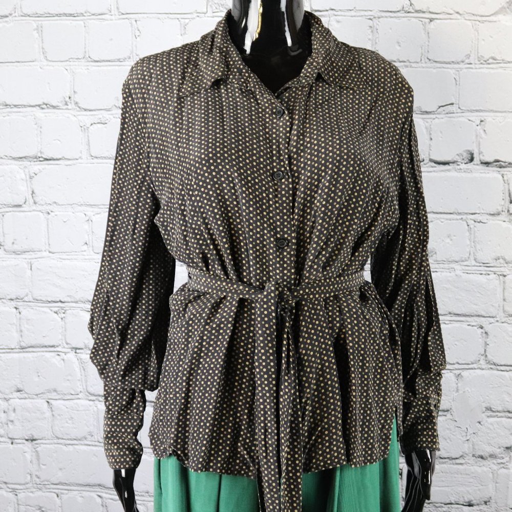 1970's Vintage Black Silk Blouse with Brown Polka Dots
